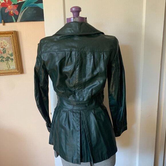 VTG Dark Green Genuine Leather Coat Jacket Sz S Fitted Pockets Unlined *Flawed* - Picture 3 of 8